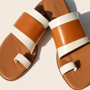 Stylish Brown & White Leather Toe-Loop Flat Sandals