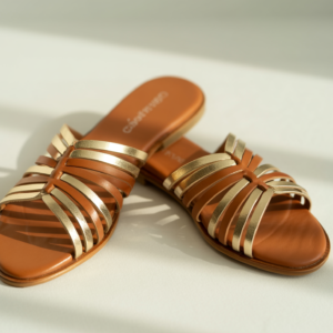 Elegant Brown & Gold Metallic Strappy Flat Sandals