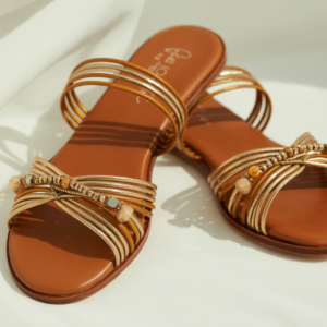 Boho Brown & Gold Beaded Flat Sandals - Artisan Summer Slides for Women